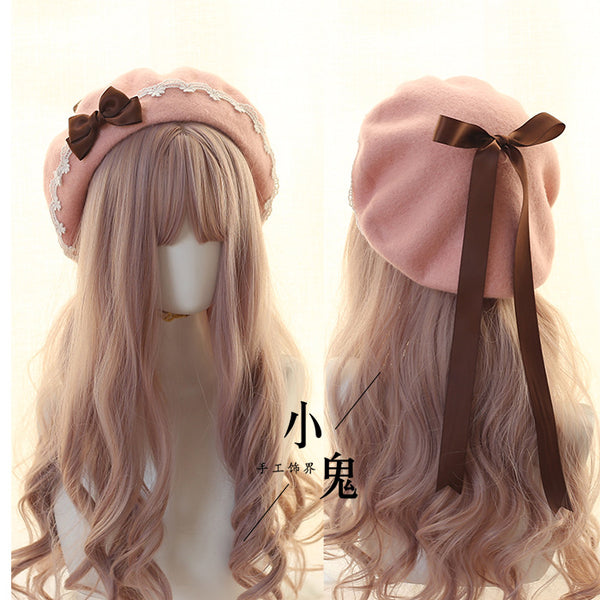 Beret Lolita Sweet Woolen Handmade Lace Bow Beret for Girls - Lolita Fetch