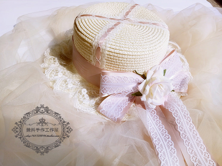 Lolita Multicolor Handmade Sweet Lace Long Ribbon Straw Hat Flat Top Sunshade Handmade Soft Girl