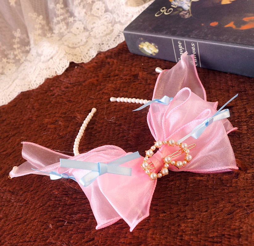Original Ruiben Rabbit Full Color Pearl Kc Lolita Handmade Headband Organza Bow