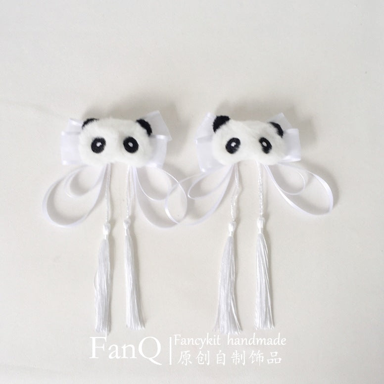 FanQ Handmade Mori Style Lolita Green Gauze Little Panda Bow Tassel Hair Clip Republic of China Style Girl National Style Hairpin