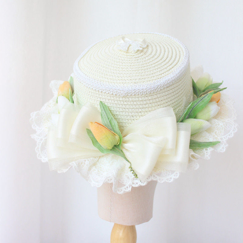 Original Handmade Pink Tulip Lolita Small Sun Hat Straw Hat Oil Painting Style Travel Photography Woven Bag Basket