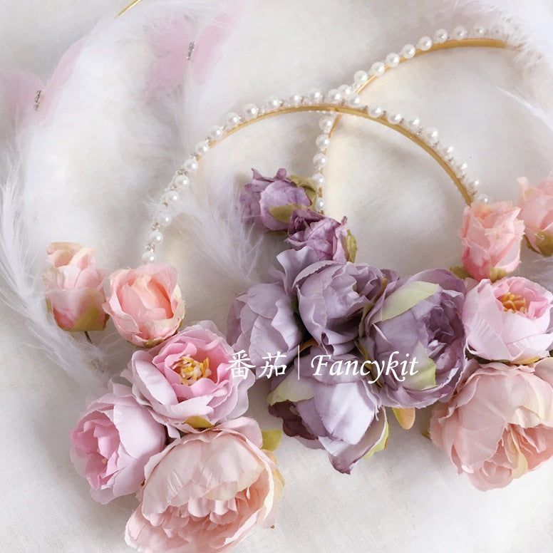 Flower Lolita Virgin Mary Double Layer Halo Hair Crown - Hanfu Headwear with Feather | Classical Han-Yang Eclectic Headpiece
