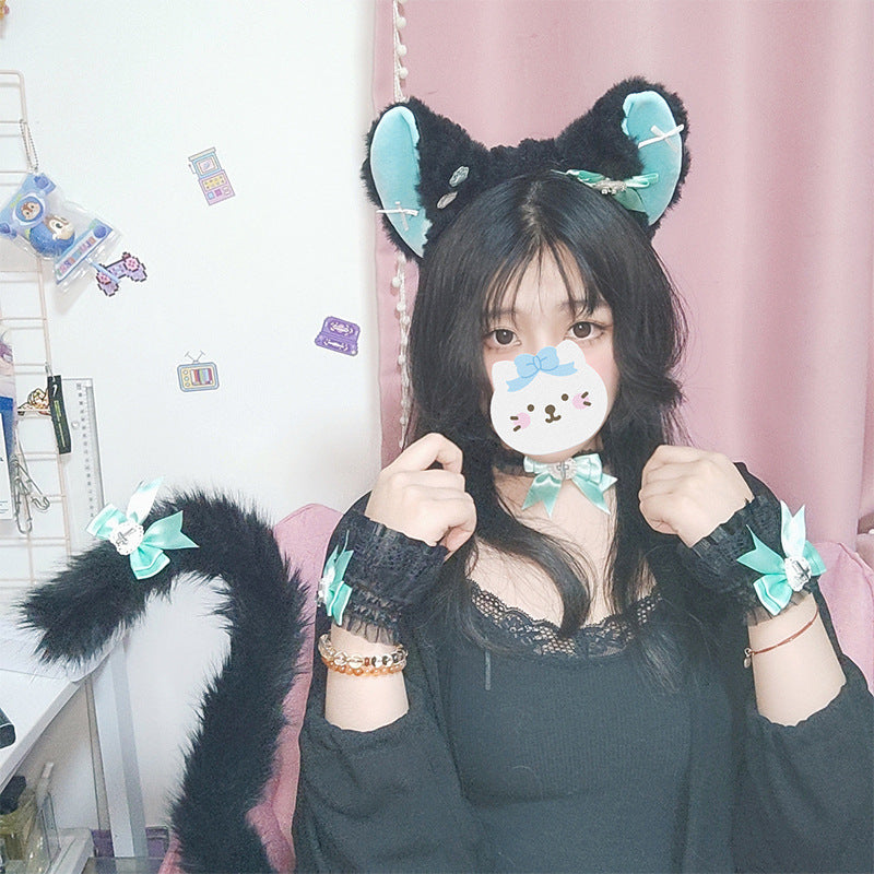 Cosplay Cat Ear Headband Cat Tail Accessories Handmade Cute Cat Girl Beast Ear Hair Accessories Beast Tail Accessories Set