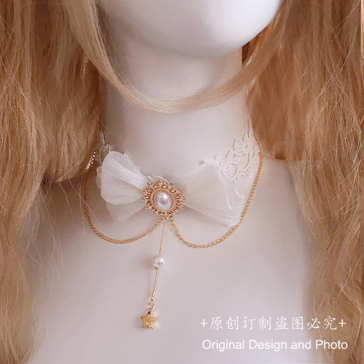 Soft Girl Lolita Necklace Daily Lace Pearl Water Drop Star Pendant Choker Accessories Small Items