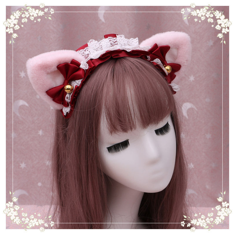 Adorable Japanese Lolita Hair Accessories Cat Girl Plush Lolita Headwear Lace Cat Ear Headband