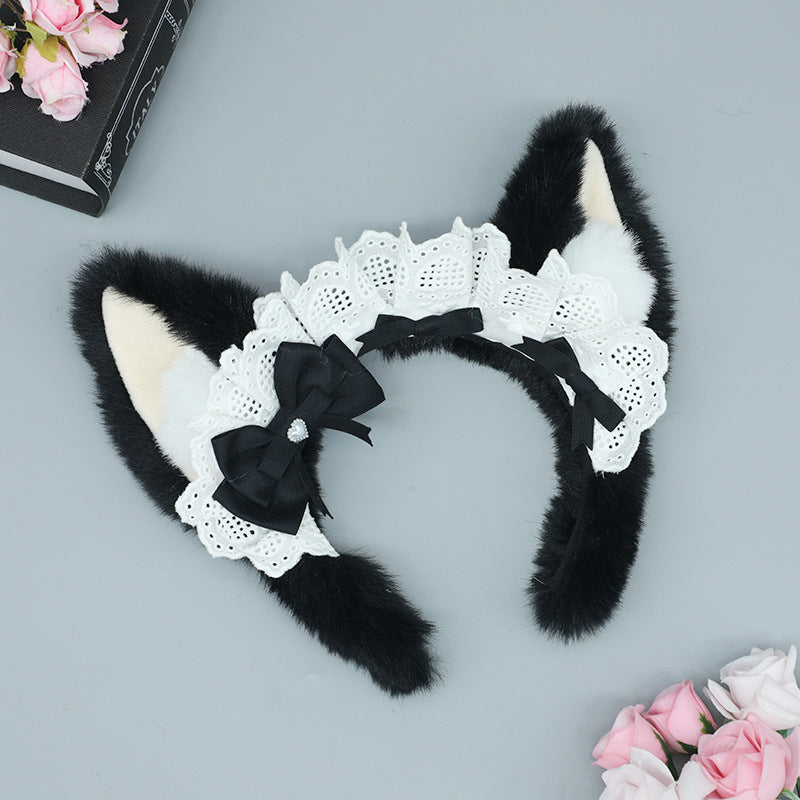 Plush Lolita Headband Lace Bow Hair Accessory Realistic Animal Ears Maid Corgi Hair Ornament Japanese KC Headband