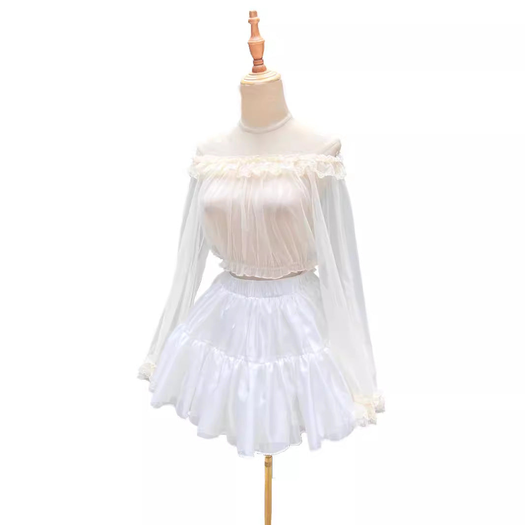 Zhijinyuan- Tulle Inner Top |   Lightweight Skin-Friendly Off-Shoulder Versatile Apricot Blouse