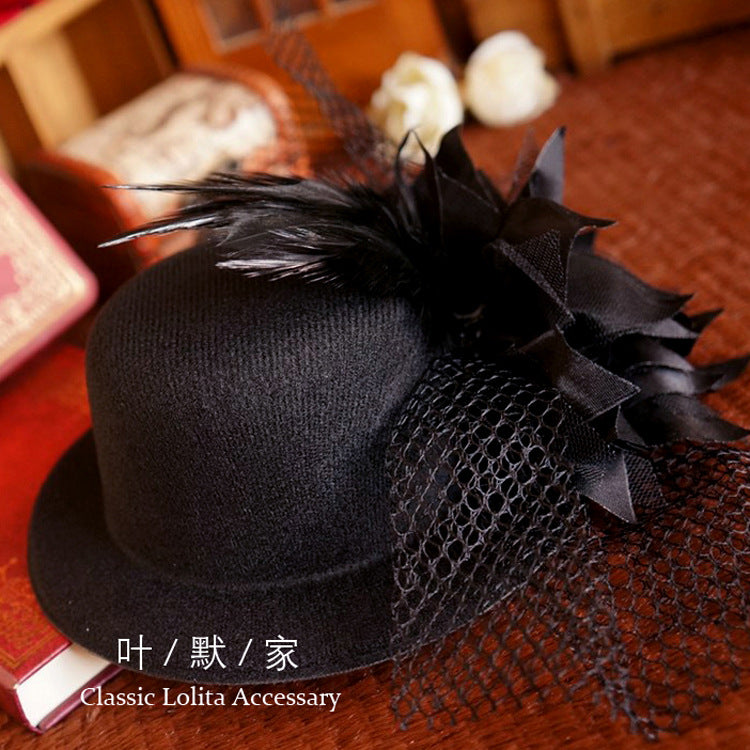 Dark Gothic Lolita Headwear Black Flower Feather Small Hat Hair Clip Side Clip Hair Accessory