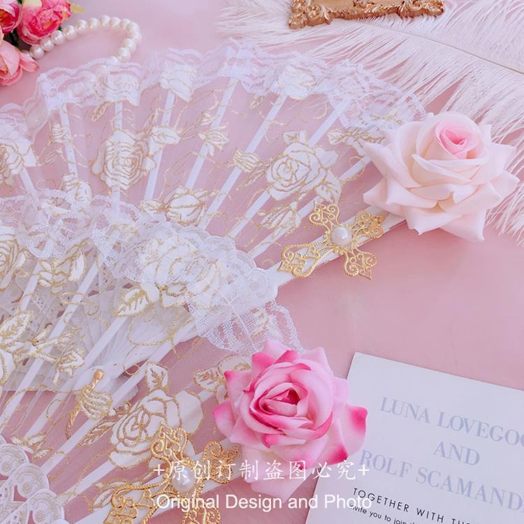Lolita Lace Fan Gorgeous Retro European Style Rose Folding Fan Tea Party Dark Gothic Comic Con Cosplay Prop