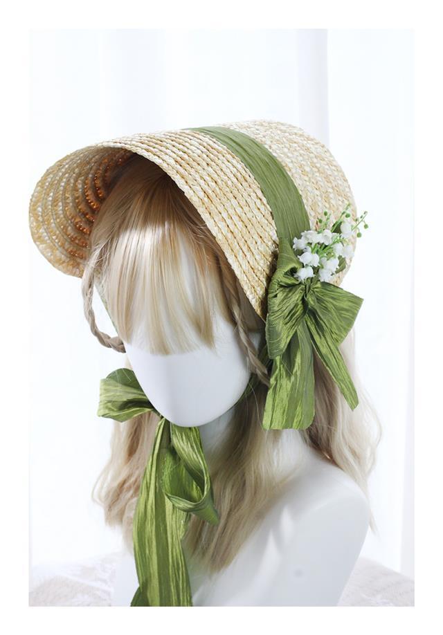 French Country Lolita Handmade Lily of the Valley Forest Style Bowknot Bnt Flat Hat Straw Hat Photo Shoot Catwalk Cla