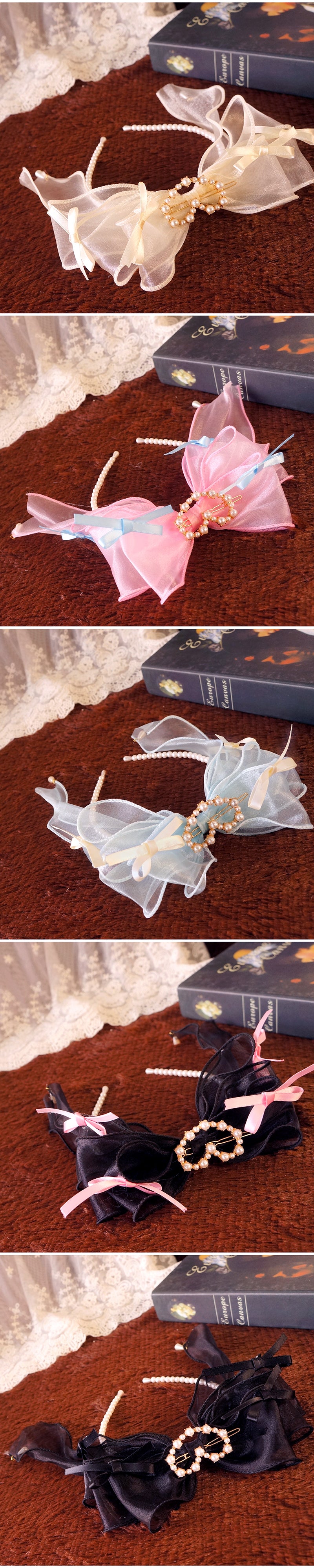 Original Ruiben Rabbit Full Color Pearl Kc Lolita Handmade Headband Organza Bow