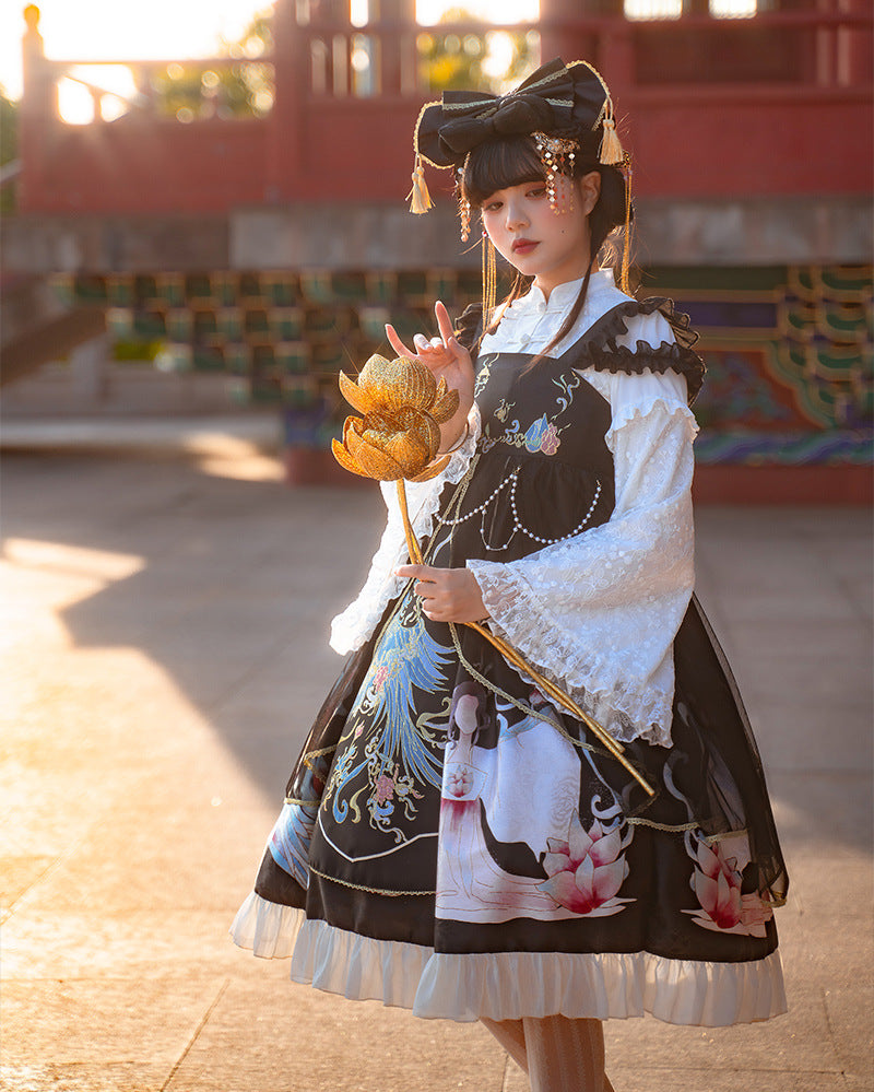 Morning Dew Hanfu - Inspired Lolita JSK | Gold - Woven Phoenix & Detachable Bead Chain