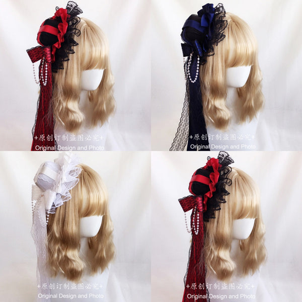 European Classical Dark Style Lace Pearl Bow Ribbon Party Hat Lolita T