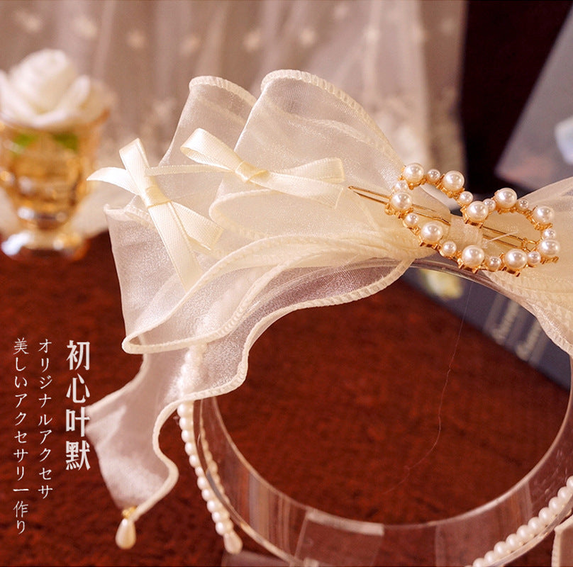 Original Ruiben Rabbit Full Color Pearl Kc Lolita Handmade Headband Organza Bow