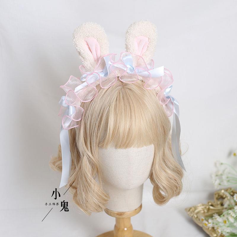Lolita Handmade Ribbon Bunny KC Sweet Cute Bowknot Bunny Ear Headband Lolita Ruffled Hair Accessory Headwear