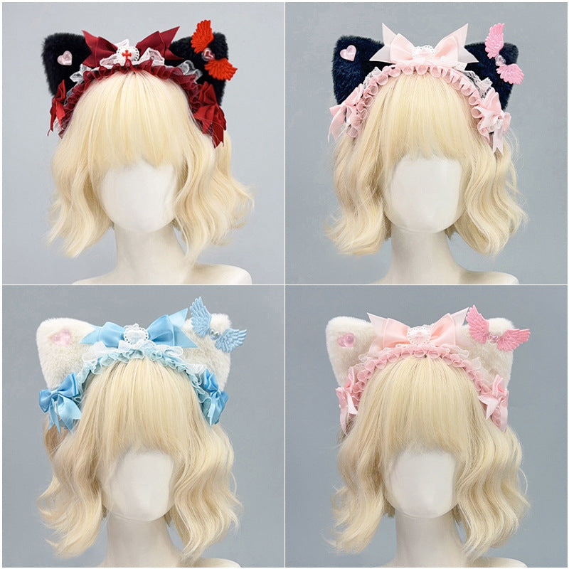 Subculture Dark Gothic Style KC Headwear Lolita Bow Hairband Anime Cat Ear Headband