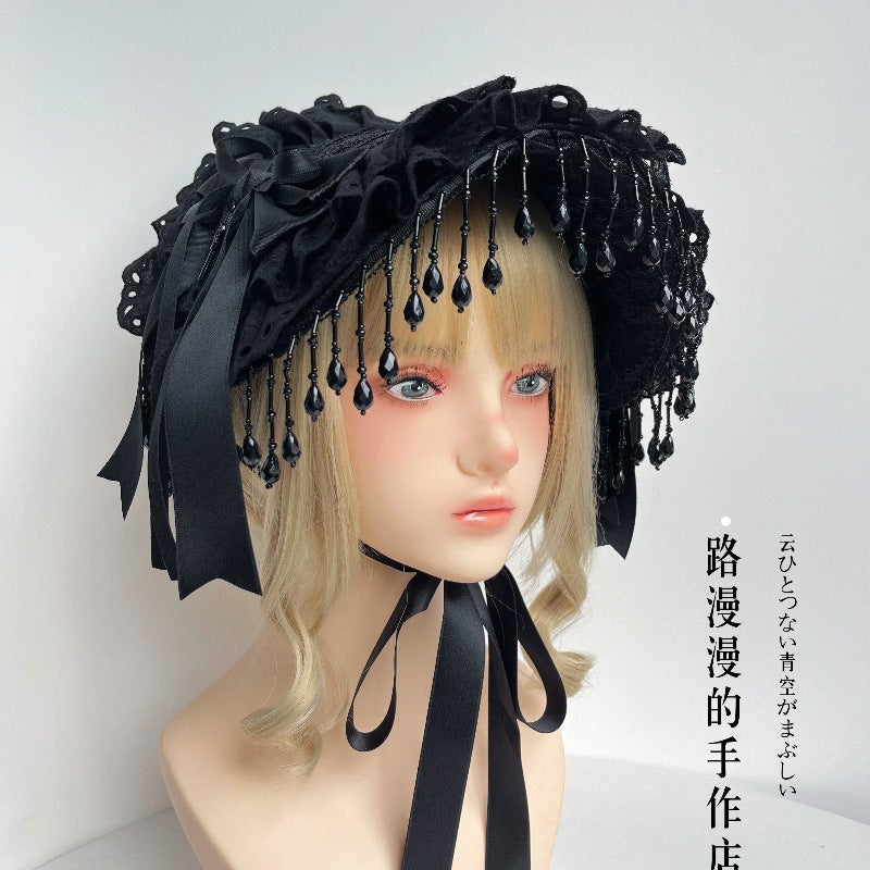 Original Lolita Handmade Gothic Dark Widow Hat Black Pearl Tassel Lace Black Rose Feather Photo Prop