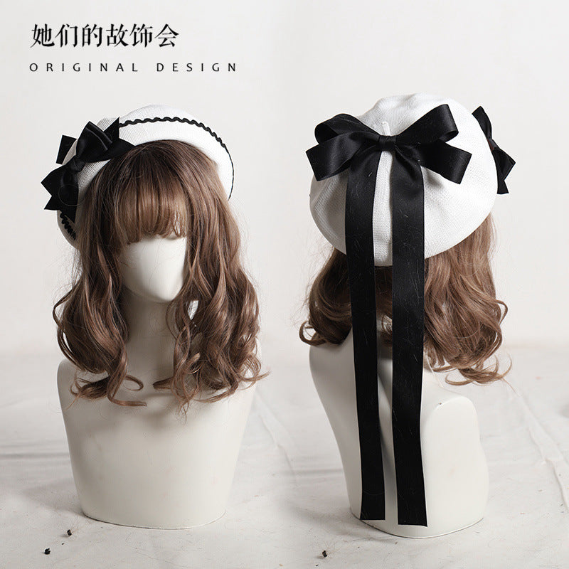 Thin Beret Summer Lolita Bow JK Plaid Lolita Original Design Fashion Spring Autumn Hat for Women