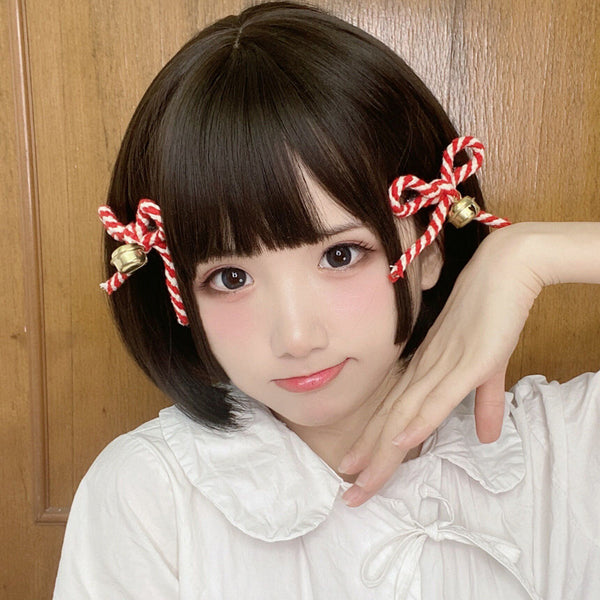 Cute Girl Red & White Striped Bell Bow Hair Clip Lolita Side Clip Style