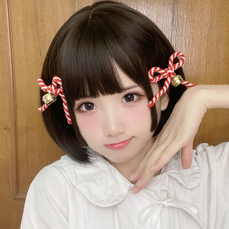 Cute Girl Red and White Striped Bell Bow Hair Clip Lolita Side Clip Hair Accessory  Hair Ornament Hanfu