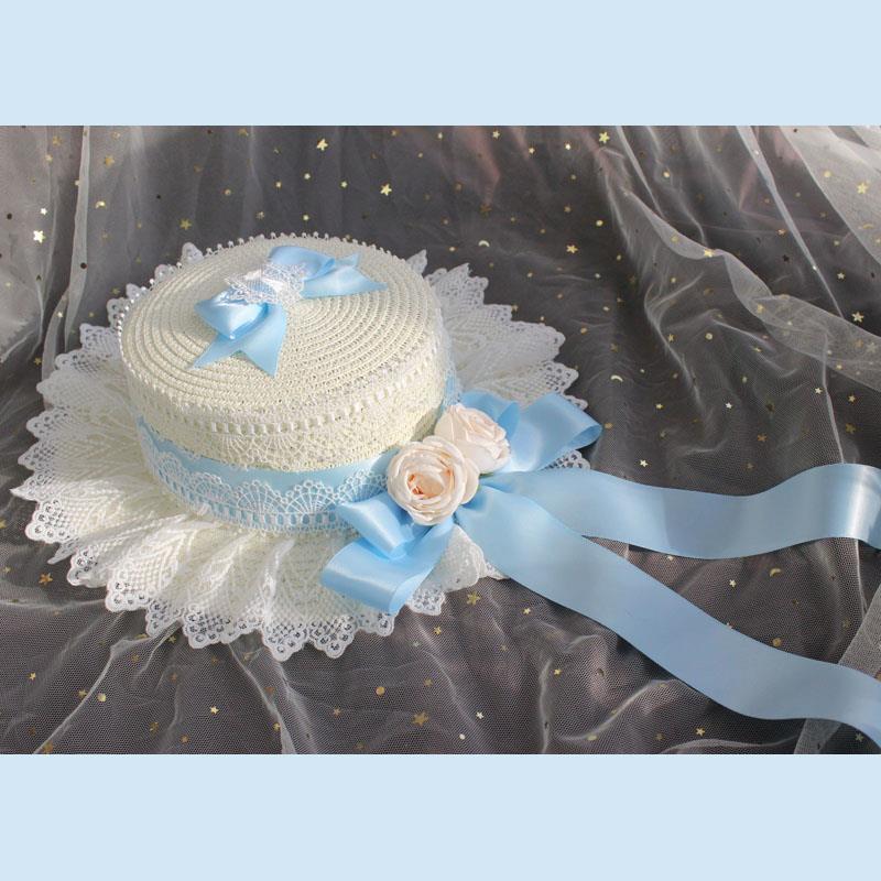 Lolita Straw Hat Mori Style Sweet Bowknot French Girl Flower Sun Hat Lolita Flat Top Hat Straw Hat