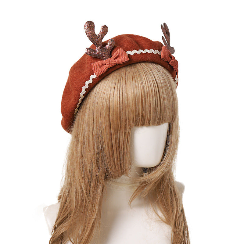 Cute Deer  Soft Girl Lolita Bowknot Beret Painter Hat Handmade Antler Hat