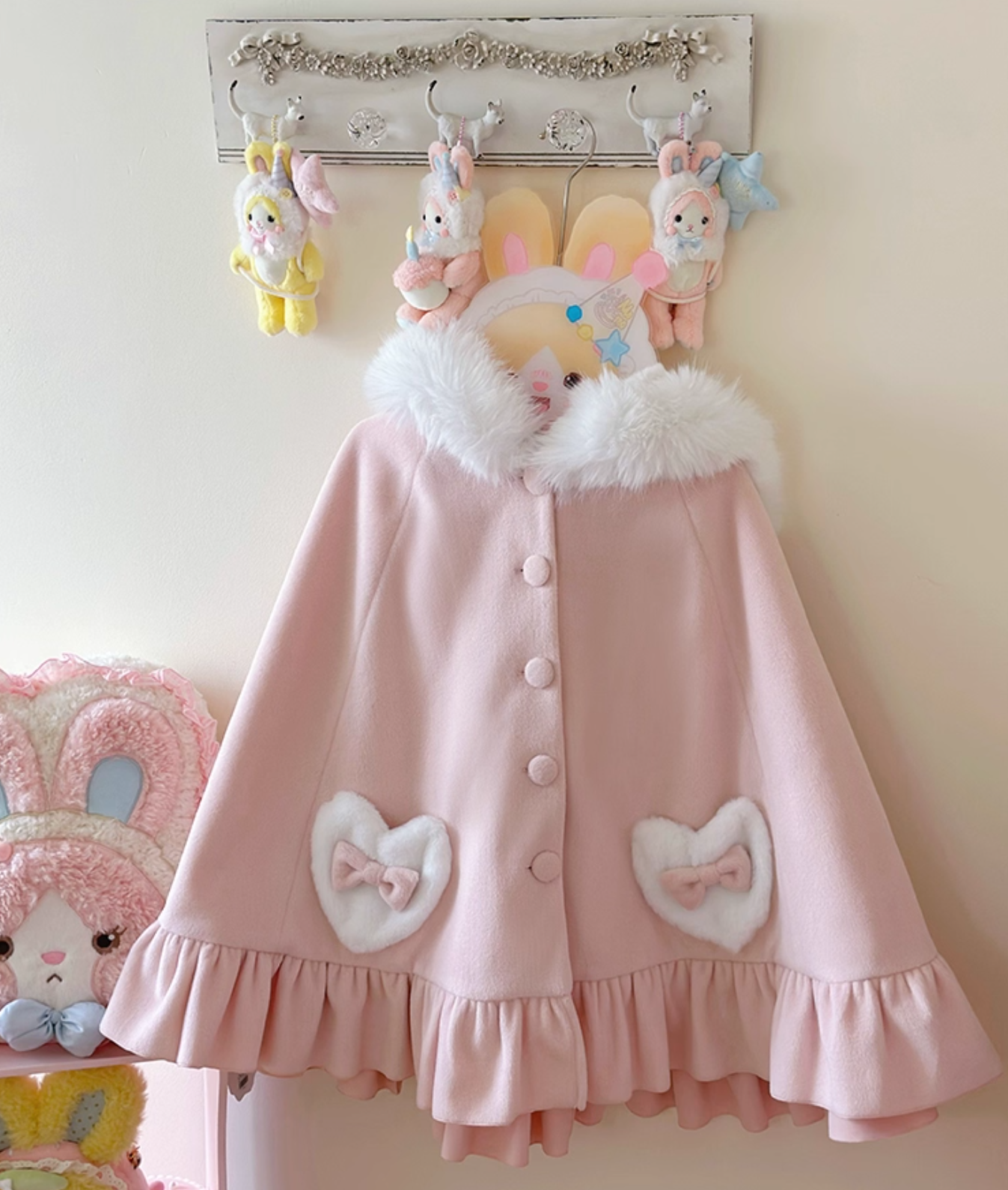 Winter Lolita Rabbit Ear Cape |   Fleece-Lined Thickened Woolen Cape (Blue/Pink, One Size)