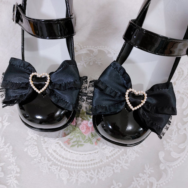 Original Handmade Lolita Bow Shoe Clip - Sweet Cute Lace & Pearl Heart Versatile Basic Accessory