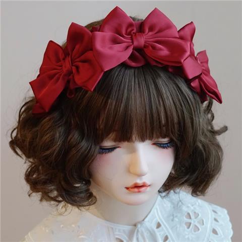 Original Handmade Red Wine Red Bow Hairband Headband Japanese Korean Lolita Ruffled Frill