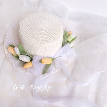 Handmade Yellow Tulip Straw Bag Lolita French Style Straw Hat Sun Hat Fairy Classical Woven Basket