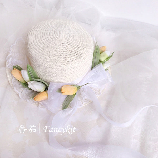 Handmade Yellow Tulip Straw Bag Lolita French Style Straw Hat Sun Hat