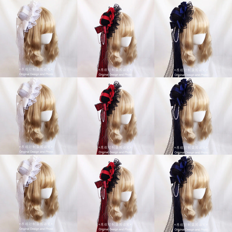 European Classical Dark Style Lace Pearl Bow Ribbon Party Hat Lolita Tea Party Small Hat