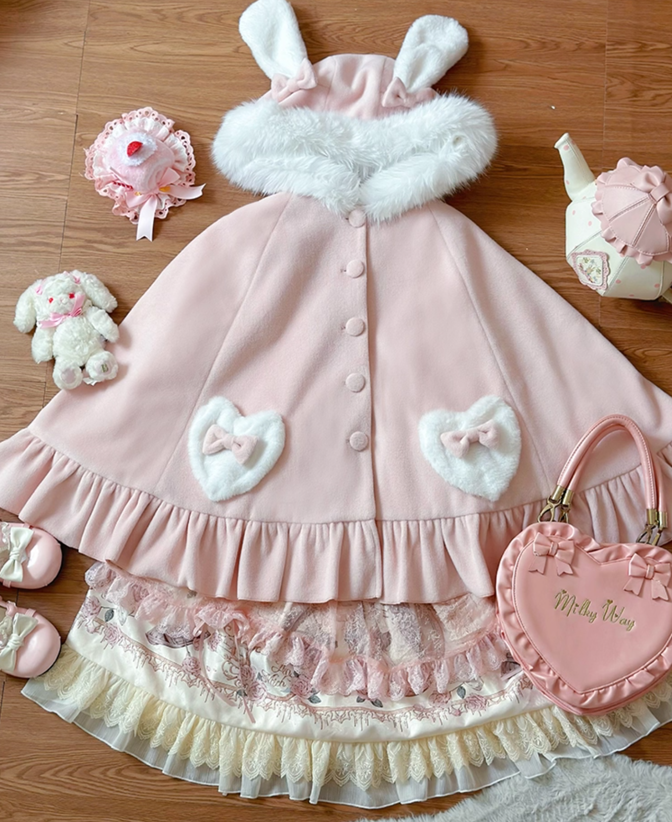 Winter Lolita Rabbit Ear Cape |   Fleece-Lined Thickened Woolen Cape (Blue/Pink, One Size)