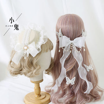 Miss Fula Lolita  Elegant Hairband Lolita Hairband Necklace White Wedding Black Hat