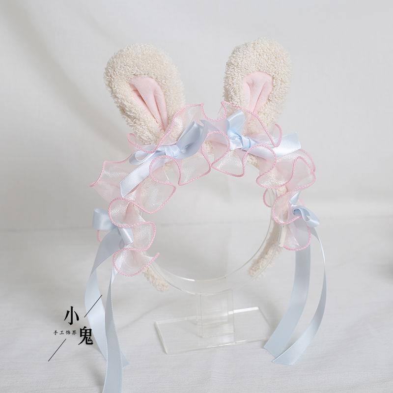 Lolita Handmade Ribbon Bunny KC Sweet Cute Bowknot Bunny Ear Headband Lolita Ruffled Hair Accessory Headwear