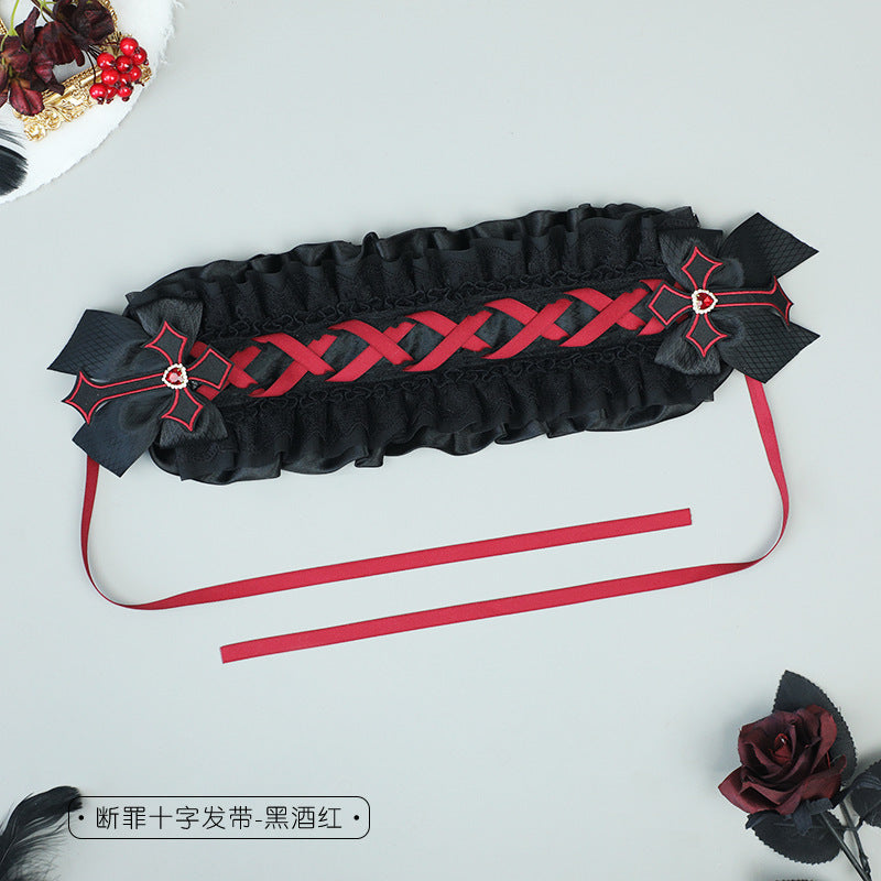 Dark Gothic Lolita Cross Lace Bow Hairband - Comic Con Cos Party Girl Headwear