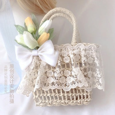 Original Handmade Pink Tulip Lolita Small Sun Hat Straw Hat Oil Painting Style Travel Photography Woven Bag Basket