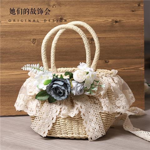 Original Handmade Straw Bag Lolita Lace Artificial Flower Beach Pastoral Soft Girl 2022 New Handbag Tote Bag