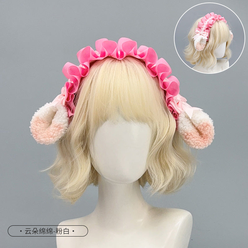 Japanese Harajuku Style Lolita Little Sheep Ear Headband Sweet Girl Soft Cute Imitation Lamb Wool Bow Hair Accessory