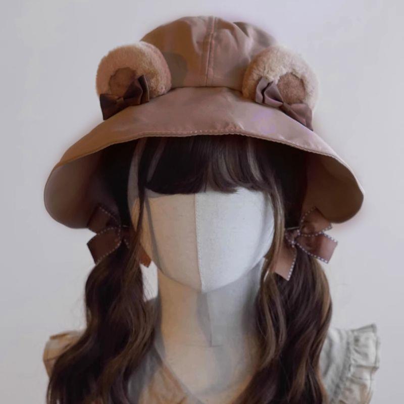Original Handmade Lolita Bear Fisherman Hat Sun Hat Japanese Korean Cute Animal Ear Khaki Hat