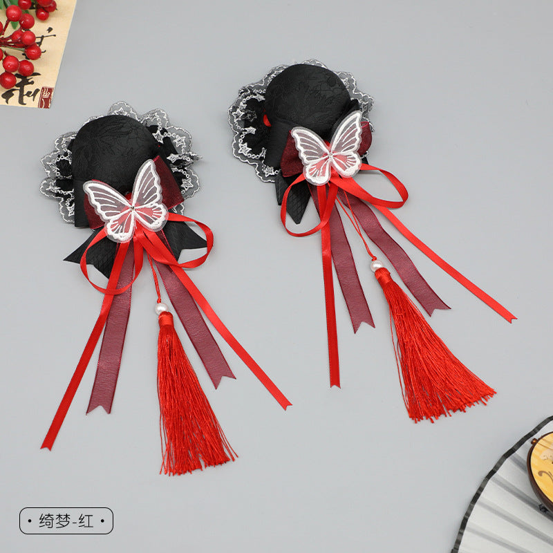 Handmade Lolita Chinese Style Bun Clip - Tassel Lace Bow Hair Ornament