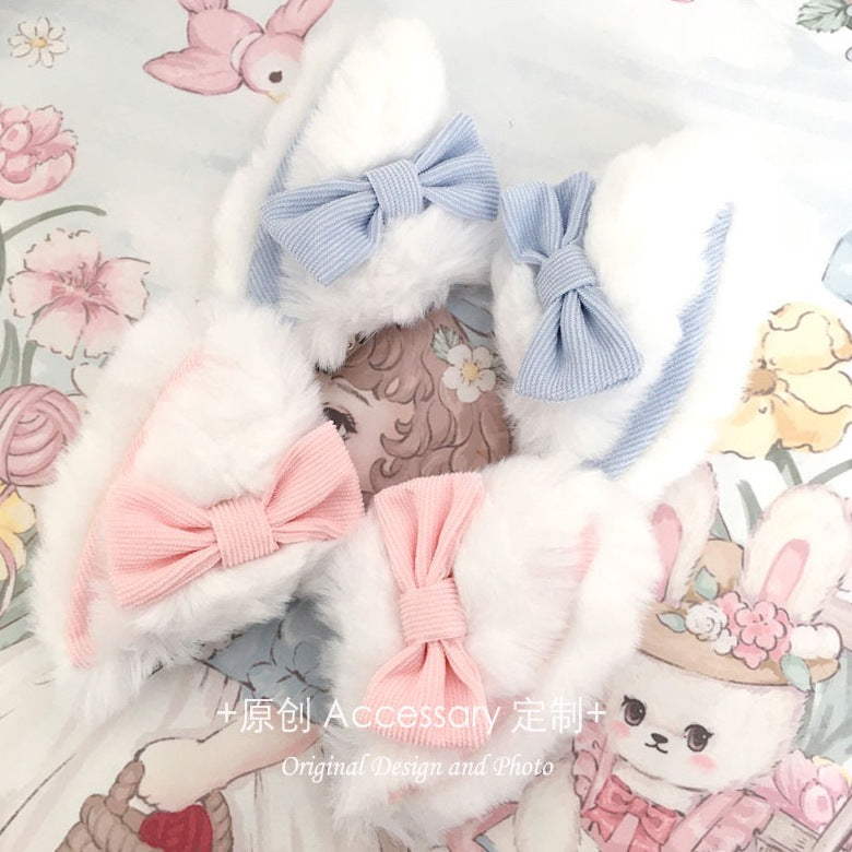 Lolita Large Plush Pink Blue Bow Cat Ear Hair Clip Anime Lolita Animal Ear Hairpin
