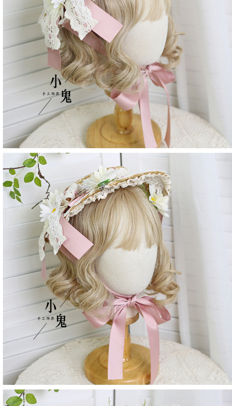 Original Lolita Straw Hat Flower Elegant Flat Hat Top Hat Bridal Tea Party Gorgeous Hat Han Western Eclectic Reminiscence