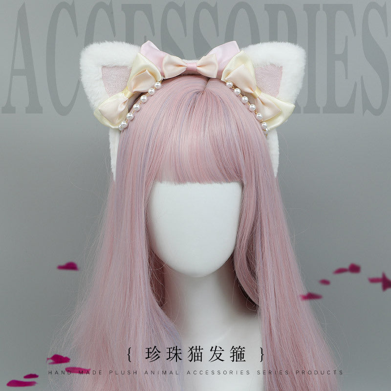 Handmade Lolita Pearl Cat Ear Headband - Bowknot Pearl Hair Accessory