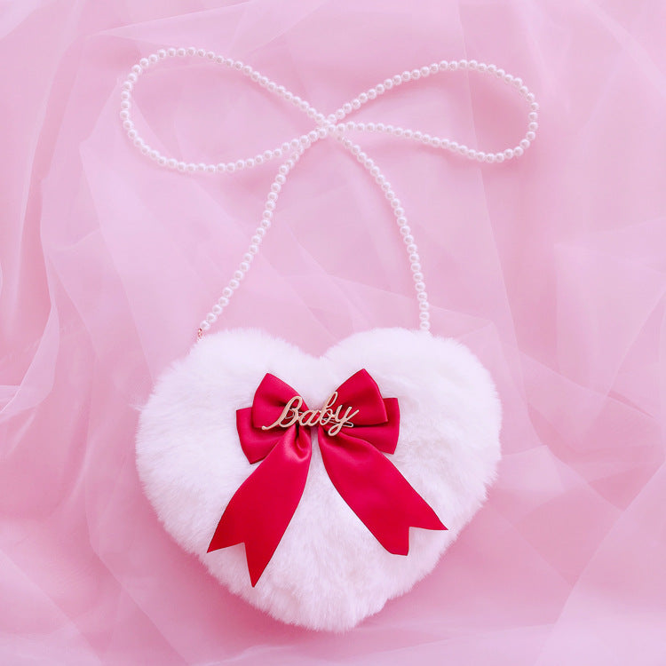 Lolita Plush Heart Shoulder Bag Heart-Shaped Multi-Color Double-Layer Bow Pearl Chain Lolita Bag Crossbody Bag