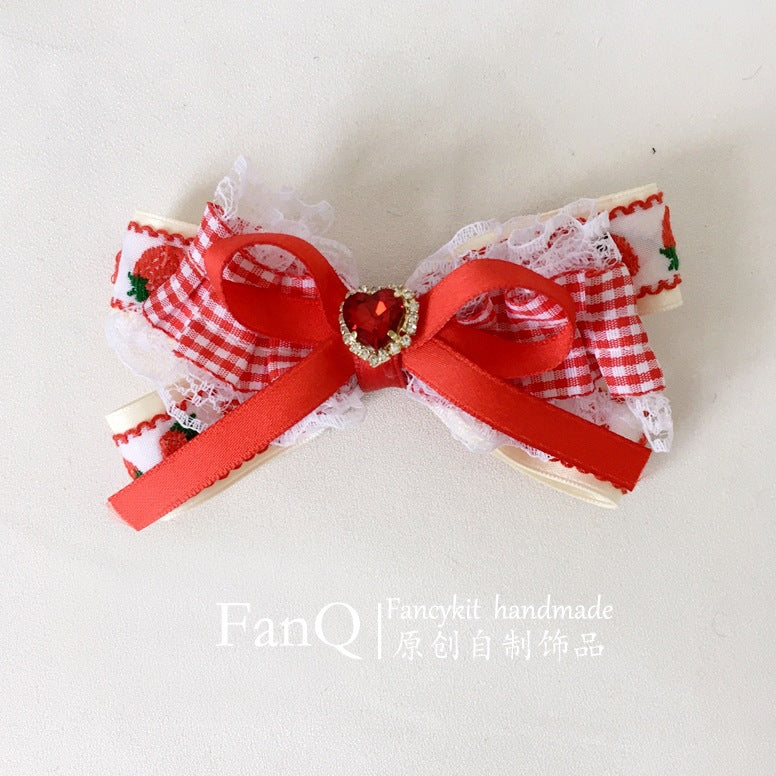 FanQ Handmade Lolita Sweet Little Strawberry Pom-Pom Hair Clip New Year Christmas Red Bowknot Pair Clip KC Hair Accessories