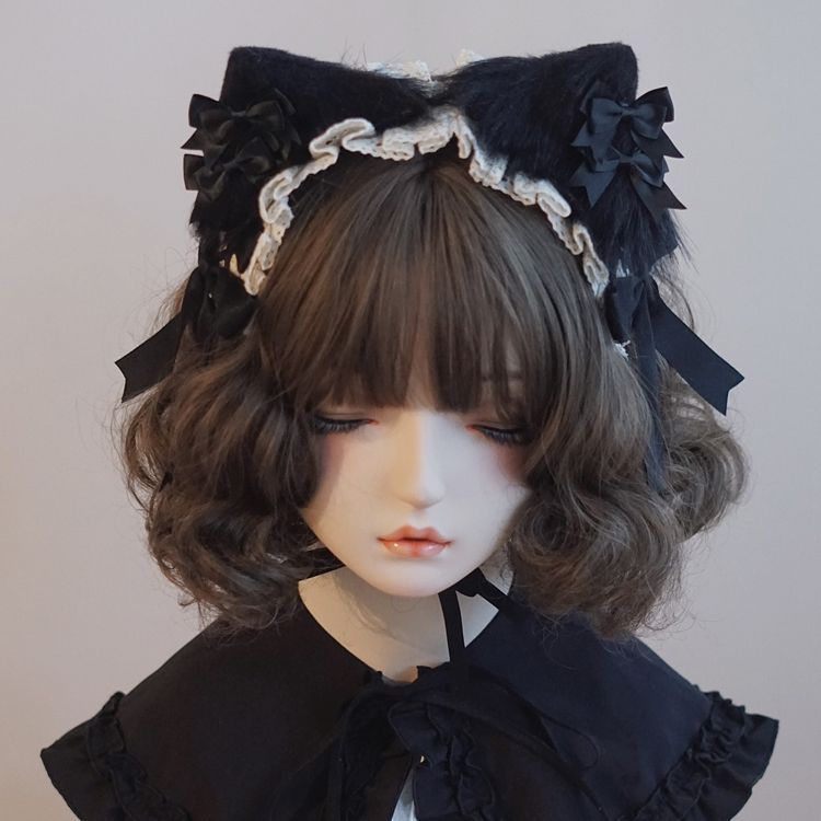 Original Handmade White Cat Ear Bow Hairband with Ruffled Edge Japanese Korean Lolita Style