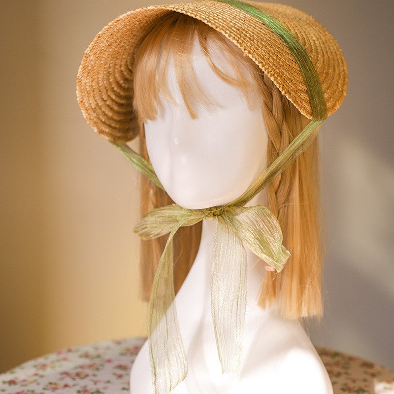 Vintage French Lolita Hat Straw Flat Hat DIY Handmade Vintage Accessories Bnt Lace Strap Hat