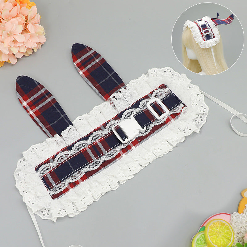 Subculture Retro Plaid Buckle Hairband Ancient Rural Style Lolita KC Lace Japanese Style Lolita Cat Ear Hair Accessory