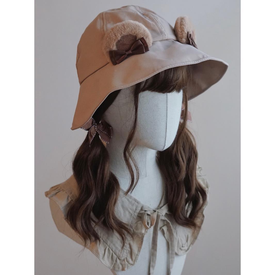 Original Handmade Lolita Bear Fisherman Hat Sun Hat Japanese Korean Cute Animal Ear Khaki Hat